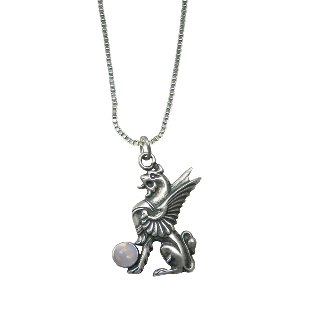 Sterling Silver Regal Griffin Pendant With Rainbow Moonstone